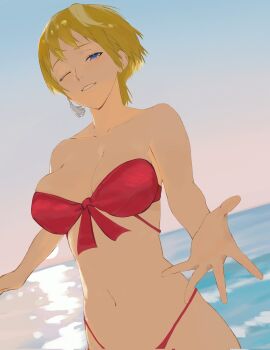 1girl bikini blonde_hair blue_eyes breasts cleavage collarbone earrings izumo_tenka jewelry large_breasts looking_at_viewer mato_seihei_no_slave navel one_eye_closed red_bikini solo swimsuit water