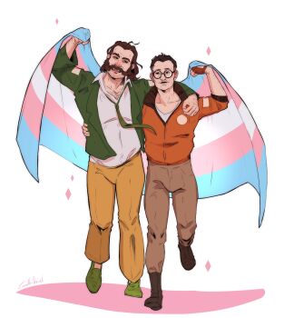 Rule 34 | 2boys, arm on another's shoulder, blazer, bomber jacket, brown hair, chest hair, collared shirt, commentary, corellevairel, disco elysium, english commentary, facial hair, flag, glasses, gloves, green jacket, green necktie, hand up, harry du bois, head tilt, highres, holding, holding flag, jacket, kim kitsuragi, looking at viewer, male focus, multiple boys, mutton chops, necktie, orange gloves, orange jacket, round eyewear, shirt, standing, standing on one leg, transgender flag, walking, walking towards viewer, white shirt