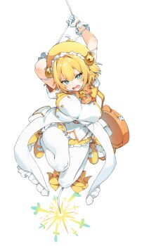 +_+ 1girl absurdres arms_up blonde_hair blue_eyes blue_hair bombergirl bow bowtie breasts fang full_body fuse_tail gloves grenade_hair_ornament hair_intakes hat highres huge_breasts looking_at_viewer miniskirt multicolored_hair open_mouth orange_bow orange_bowtie pantyhose pine_(bombergirl) pouch sanze_(gokiburi_kirai) shoes short_hair simple_background skin_fang skindentation skirt solo symbol-shaped_pupils tail tears two-tone_hair white_background white_gloves white_pantyhose yellow_hat yellow_pupils yellow_shoes yellow_skirt