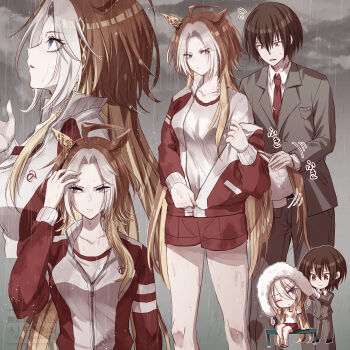 1boy 1girl animal_ears blue_eyes breasts brown_eyes brown_hair drying drying_hair forehead grey_jacket grey_pants hair_between_eyes highres holding holding_towel horse_ears horse_girl horse_tail jacket long_hair looking_at_another looking_to_the_side looking_up medium_breasts multicolored_hair necktie orange_hair orfevre_(umamusume) pants red_jacket red_necktie red_shorts shirt short_hair shorts sidelocks tail towel trainer_(umamusume) two-tone_hair umamusume wet wet_clothes wet_hair wet_shirt white_hair white_shirt yue_(lov_n_n)