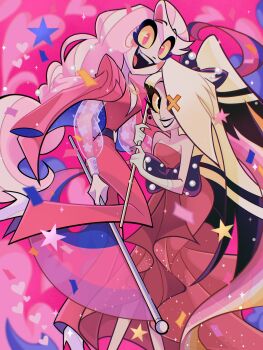 2girls absurdres belt belt_buckle black_belt black_bow blonde_hair bow buckle chandllucky charlie_morningstar circle_facial_mark colored_sclera confetti dress earrings hair_bow hair_over_one_eye hazbin_hotel heart hellaverse high_heels highres jacket jacket_on_shoulders jewelry long_hair multiple_girls pants ponytail red_dress red_eyes red_jacket red_pants red_shirt shirt shoes sleeveless sleeveless_dress smile star_(symbol) teeth vaggie white_shoes yellow_sclera