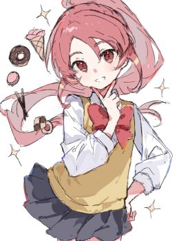 1girl black_skirt bow bowtie cookie donut dress_shirt food inazuma_eleven_(series) inazuma_eleven_victory_road pocky red_hair school_uniform shinohara_raika shirt simple_background skirt solo tainibreak v white_background white_shirt