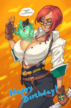 1girl anger_vein artist_self-insert asymmetrical_hair warrior_of_light_(ff14) bbc-chan bbchu belt black_pants borrowed_character breasts brown_gloves bursting_breasts closed_eyes collared_shirt commentary cosplay cross dark-skinned_female dark_skin english_commentary english_text fictional_persona final_fantasy final_fantasy_xiv fingerless_gloves forehead_jewel giovanna_(guilty_gear) giovanna_(guilty_gear)_(cosplay) glasses gloves green-framed_eyewear green_fur guilty_gear guilty_gear_strive hamster happy_birthday high-waist_pants highres huge_breasts lips lipstick makeup mascot meme mole mole_on_breast mole_under_mouth multiple_belts navel ok_sign orange_background pants partially_unbuttoned police_badge red_hair rei_(guilty_gear) rei_(guilty_gear)_(cosplay) roegadyn shirt short_hair sleeves_pushed_up solo_focus soothing_ruby_(eirgallant) sparkle speech_bubble suspenders white_shirt