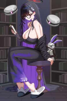 1girl absurdly_long_hair absurdres bespectacled black-framed_eyewear black_camisole black_skirt blue_archive blush book bookshelf breasts camisole commentary cosplay english_commentary full_body glasses goddess_of_victory:_nikke halo highres holding holding_book huge_breasts indoors label_(nikke) label_(nikke)_(cosplay) library long_hair looking_at_viewer mizikayo on_stool rio_(blue_archive) simple_background sitting skirt slippers solo stool very_long_hair white_background white_slippers