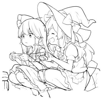 2girls apron asakura_maru ascot blush bow braid braided_sidelock collarbone commentary_request controller deformed detached_sleeves determined double-parted_bangs frilled_apron frilled_bow frilled_hair_tubes frilled_hat frilled_shirt_collar frilled_skirt frills game_controller greyscale hair_between_eyes hair_bow hair_tubes hakurei_reimu hat hat_bow holding holding_controller holding_game_controller kirisame_marisa lineart long_hair monochrome multiple_girls playing_games playing_video_games pout puffy_short_sleeves puffy_sleeves ribbon ribbon-trimmed_sleeves ribbon_trim sailor_collar shirt short_sleeves side-by-side sidelocks skirt sleeveless sleeveless_shirt squatting touhou turtleneck turtleneck_shirt vest waist_apron wide_sleeves witch_hat