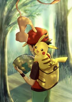 1boy absurdres brown_hair commentary_request facing_away forest fuyu_(utngrtn) gen_1_pokemon highres holding holding_map jacket legendary_pokemon looking_at_map male_focus map mew_(pokemon) mythical_pokemon nature nintendo outdoors pikachu pokemon pokemon_(creature) pokemon_frlg red_(pokemon) red_jacket tree upside-down watermark yellow_bag