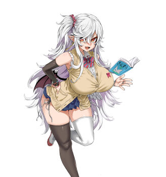 1girl angel_wings armpits asanagi asymmetrical_legwear bare_shoulders bead_bracelet beads black_bridal_gauntlets black_thighhighs blue_bow blue_bowtie blue_skirt book bow bowtie bracelet breasts bridal_gauntlets cardigan_vest commentary_request cowboy_shot dante_alighieri_(eiyuu_senki) demon_wings earrings eiyuu_senki_ww fang feet_out_of_frame floating floating_book floating_object hair_between_eyes hair_ornament hair_scrunchie hand_on_own_hip high_side_ponytail highres huge_breasts jewelry key_earrings large_breasts leg_up levitation long_hair looking_at_viewer miniskirt mismatched_bridal_gauntlets mismatched_legwear mismatched_thighhighs multiple_bracelets open_book open_mouth orange_eyes panties parted_bangs partially_unbuttoned pink_scrunchie pleated_skirt pointy_ears red_bow red_bowtie scrunchie shoes side-tie_panties side_ponytail simple_background skindentation skirt sleeveless smile solo striped_bow striped_bowtie striped_clothes telekinesis thick_thighs thighhighs thighs translated tsurime underwear v-shaped_eyebrows very_long_hair vest white_background white_bridal_gauntlets white_hair white_thighhighs wings wrist_scrunchie yellow_eyes yellow_vest