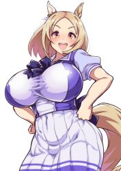 Rule 34 | 1girl, :d, absurdres, alternate breast size, animal ears, blonde hair, breasts, commentary request, hands on own hips, highres, horse ears, horse girl, huge breasts, looking at viewer, narita top road (umamusume), open mouth, pleated skirt, round teeth, school uniform, short hair, short sleeves, simple background, skirt, smile, solo, teeth, tracen school uniform, umamusume, upper teeth only, white background, white skirt, yellow eyes, yuki usagi (agtd5758)