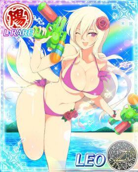 1girl :d aquarius_(symbol) aries_(symbol) beach bikini blonde_hair blue_sky blush breasts cancer_(symbol) capricorn_(symbol) card_(medium) character_name cleavage cloud collarbone day dodecagram dual_wielding flower flower_ornament gemini_(symbol) groin hair_between_eyes hair_flower hair_ornament holding holding_water_gun large_breasts leo_(senran_kagura) leo_(symbol) libra_(symbol) long_hair looking_at_viewer mountain mountainous_horizon navel ocean official_art one_eye_closed open_mouth outdoors pisces_(symbol) purple_bikini purple_eyes rainbow red_flower red_rose rose sagittarius_(symbol) school_emblem scorpio_(symbol) senran_kagura senran_kagura_new_wave senran_kagura_peach_beach_splash shiny_skin side-tie_bikini_bottom skindentation sky smile solo sparkle splashing standing standing_on_one_leg swimsuit taurus_(symbol) toy_gun very_long_hair virgo_(symbol) water water_fight water_gun wet zodiac_wheel