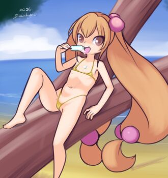 1girl 2026 20s arm_support barefoot beach bikini brown_eyes brown_hair cameltoe cloud collarbone drantyno eating flat_chest food food_on_body hair_bobbles hair_ornament highleg highleg_bikini holding holding_food holding_ice_cream holding_popsicle ice_cream in_tree kodomo_no_jikan kokonoe_rin licking loli long_hair looking_at_viewer micro_bikini navel ocean open_mouth popsicle sand sitting sky smile swimsuit teeth tongue tongue_out tree twintails water yellow_bikini