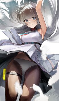 absurdres animal_ears aoi_wakashi_chiyo arknights arknights:_endfield arm_up armor bare_shoulders commentary_request highres looking_at_viewer panties pantyhose perlica_(arknights) sleeveless solo thigh_strap underwear upskirt white_hair white_panties