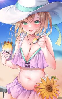 1girl :d against_railing bare_shoulders beach bikini bikini_skirt blonde_hair blush breasts cleavage colored_inner_hair cowboy_shot earrings feeding flower food frilled_bikini frills green_eyes hat hibiscus highleg highleg_bikini highres holding holding_food holding_ice_cream holding_spoon ice_cream jewelry kurumi_noah large_breasts layered_bikini looking_at_viewer midriff multicolored_hair navel necklace ngmon_v ocean open_mouth purple_bikini purple_hair railing ruffle_bikini short_hair simple_background sky smile spoon sun_hat sunflower swimsuit two-tone_hair virtual_youtuber vspo! white_hat