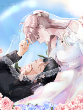 2girls black_hair black_vs_white blue_flower blue_rose blue_sky braid bridal_veil brown_hair cherie_luna chief_(path_to_nowhere) closed_mouth commentary day dress earrings english_commentary female_chief_(path_to_nowhere) female_focus flower grey_eyes half_up_braid hand_on_another&#039;s_neck highres jewelry long_hair long_sleeves multiple_girls necklace original outdoors path_to_nowhere pink_flower pink_rose rahu_(path_to_nowhere) ring rose scar scar_across_eye scar_on_face see-through_clothes see-through_veil sky smile sparkle veil wedding_dress wedding_ring white_dress wife_and_wife yuri