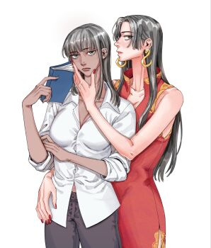 2girls black_hair blue_eyes blunt_bangs boa_hancock book collared_shirt commentary_request cowboy_shot dress earrings expressionless hand_on_another&#039;s_face high_collar highres holding holding_book jewelry korean_commentary looking_at_viewer multiple_girls nico_robin one_piece onti999 red_dress red_nails shirt sidelocks sleeveless sleeveless_dress snake_earrings white_shirt