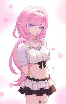 1girl bikini bikini_skirt blue_eyes breasts chinese_commentary commentary_request elf elysia_(honkai_impact) elysia_(miss_pink_elf)_(honkai_impact) elysia_(summer_miss_elf)_(honkai_impact) falling_petals hairband highres honkai_(series) honkai_impact_3rd jewelry large_breasts long_hair navel necklace official_alternate_costume petals pink_hair pointy_ears qiu_youyou shell shell_necklace solo stomach swimsuit very_long_hair white_background white_bikini white_hairband