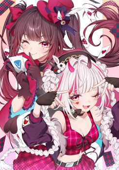 2girls anko_(kimt140n) asymmetrical_horns belt black_belt black_gloves black_hair bow braid breasts capelet card choker cleavage closed_mouth commentary demon_tail diamond_(shape) diamond_facial_mark facial_mark fang finger_to_mouth fingerless_gloves fur-trimmed_jacket fur_trim gloves hat hat_chain hat_ornament heart heart_facial_mark highres holding holding_card honkai:_star_rail honkai_(series) horns jacket long_hair looking_at_viewer mark_under_both_eyes mismatched_horns multicolored_hair multiple_girls navel official_alternate_costume one_eye_closed open_mouth pink_eyes pink_skirt pink_tank_top plaid_clothes plaid_skirt plaid_tank_top poker purple_jacket rabbit_hat_ornament red_capelet red_eyes red_hat red_streaks shushing single_glove skirt smile sparkle_(honkai:_star_rail) sparkle_(illusion)_(honkai:_star_rail) sparxie_(ethereal_dance)_(honkai:_star_rail) sparxie_(honkai:_star_rail) streaked_hair tail tank_top top_hat twin_braids twintails untranslatable_commentary upper_body v w white_hair