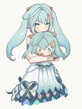 1girl aqua_hair blush character_doll closed_mouth commentary_request cropped_legs crossed_arms doll dress faruzan_(genshin_impact) genshin_impact green_eyes highres holding holding_doll long_hair simple_background solo sugarless_(sugarless_il) symbol-shaped_pupils triangle-shaped_pupils twintails very_long_hair white_background white_dress