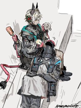 Rule 34 | 1girl, 1other, age play, animalization, arknights, black boots, black coat, blush, boots, bottle, closed eyes, closed mouth, coat, colored skin, covered face, creature, doctor (arknights), extra arms, feeding, flower, from above, gloves, grey background, grey skin, hair flower, hair ornament, head wings, headpat, highres, holding, holding bottle, holding creature, hood, hood up, knees up, lap pillow, lappland (arknights), load bearing vest, long sleeves, mask, milk, milk bottle, mutomorokoshi, on bench, pink gloves, raidian (arknights), rattle, short hair, sitting, smile, twitter username, white hair, wings