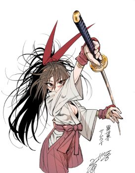 1girl bandages breasts brown_eyes brown_hair clothing_cutout hip_vent isekai_samurai katana long_hair medium_breasts saitou1218 samurai scar scar_on_face solo sword thighs toned tsukitsuba_ginko weapon