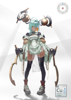 1girl aqua_hair black_thighhighs breasts colored_inner_hair dark-skinned_female dark_skin detached_sleeves dress full_body highres light_smile looking_at_viewer medium_breasts multicolored_hair natori_youkai original pelvic_curtain periodic_table personification side_slit solo thighhighs white_dress white_sleeves wide_sleeves yellow_eyes