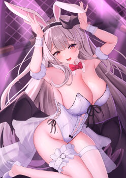 1girl absurdres animal_ears arena armband arms_up bare_shoulders black_horns blunt_ends blush bow bowtie breasts cleavage collarbone commentary_request criss-cross_strings demon_girl demon_horns demon_wings dutch_angle fake_animal_ears fence frilled_thigh_strap grey_hair groin high_heels highres horns indoors iron_fence kneeling large_breasts legs leotard long_hair looking_at_viewer low_wings lower_teeth_only mole mole_on_stomach open_mouth playboy_bunny rabbit_ears rabbit_pose red_bow red_bowtie red_eyes see-through_clothes shouhaku0512 side-tie_leotard solo spotlight stella_sora strapless strapless_leotard teeth thigh_strap thighs tongue traditional_bowtie very_long_hair virigia_(stella_sora) white_leotard white_wrist_cuffs wings wrist_cuffs