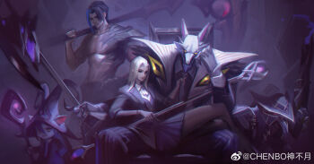 2girls 3boys alternate_costume armor black_headwear blonde_hair chair chenbo clothes_grab ears_through_headwear furry furry_male gun hand_up highres holding holding_gun holding_scythe holding_staff holding_weapon kayn_(league_of_legends) league_of_legends long_hair looking_at_viewer lulu_(league_of_legends) lux_(league_of_legends) lying_on_lap mask miniskirt multiple_boys multiple_girls nasus necktie necktie_grab neckwear_grab pants pleated_skirt pointy_ears rat_boy scythe single_bare_shoulder sitting skirt smile staff striped_clothes striped_pants twitch_(league_of_legends) weapon wolf_boy yordle