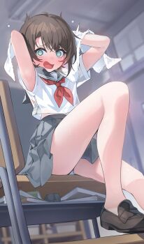 1girl @_@ absurdres black_hair black_shoes blush book breath classroom commentary_request crossed_bangs desk drying drying_hair flustered foot_out_of_frame furrowed_brow future_cake green_eyes grey_sailor_collar grey_skirt highres hololive indoors legs loafers looking_at_viewer midriff_peek neckerchief no_socks on_desk oozora_subaru open_mouth panties pantyshot pencil_case pleated_skirt red_neckerchief sailor_collar school_desk school_uniform shirt shoes short_hair short_sleeves sitting skirt solo sweat thighs towel underwear virtual_youtuber white_panties white_shirt