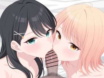 2girls black_hair blonde_hair blush censored commentary_request cooperative_fellatio erection fellatio ffm_threesome group_sex hair_between_eyes hair_ornament hairclip hetero honda_sora kissing_penis licking licking_penis lonely_girl_ni_sakaraenai long_hair medium_hair medium_penis mizuno-go multiple_girls open_mouth oral out_of_character paid_reward_available penis pov sakurai_ayaka_(lonely_girl_ni_sakaraenai) smegma teamwork_(sexual) threesome veins veiny_penis