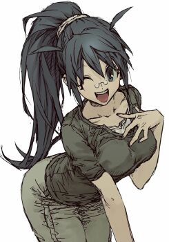 1girl aseupilin666 breasts glasses hinata_aki keroro_gunsou looking_at_viewer medium_breasts one_eye_closed open_mouth pants tagme wink