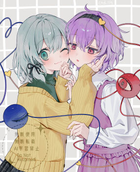 2girls :o ;3 black_hairband blush cardigan closed_mouth commentary ctd_114 green_eyes green_hair hair_between_eyes hairband hand_on_another&#039;s_face heart heart_of_string highres komeiji_koishi komeiji_satori long_sleeves looking_at_viewer multiple_girls one_eye_closed open_mouth pleated_skirt purple_hair purple_skirt purple_vest shirt short_hair siblings sisters skirt third_eye touhou upper_body vest watermark white_shirt yellow_cardigan