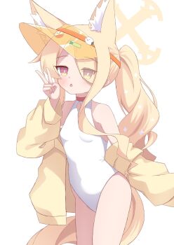 1girl animal_ear_fluff animal_ears bare_shoulders blonde_hair blue_archive blush breasts bright_pupils cowboy_shot cross_halo extra_ears eyes_visible_through_hair fox_ears fox_girl hair_over_one_eye halo hand_up hat hat_ornament highleg highleg_one-piece_swimsuit highres jacket loli long_hair long_sleeves looking_at_viewer multicolored_eyes no_eyewear off_shoulder official_alternate_costume official_alternate_hairstyle one-piece_swimsuit open_clothes open_jacket parted_lips ponytail puffy_long_sleeves puffy_sleeves purple_eyes seia_(blue_archive) seia_(swimsuit)_(blue_archive) sidelocks simple_background small_breasts solo swimsuit triangle_mouth two-tone_eyes v visor_cap white_background white_one-piece_swimsuit white_pupils yellow_eyes yellow_halo yellow_hat yellow_jacket yellow_visor yuki_(user_tjvn3757)