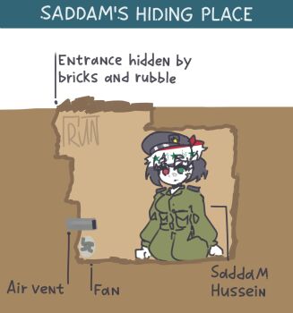 1girl black_hair closed_mouth diagram green_eyes green_jacket green_pants hat heterochromia highres iraqi_flag jacket kneeling looking_at_viewer meme military_hat military_uniform pants real_life red_eyes saddam_hussein saddam_hussein&#039;s_hiding_place_(meme) solo trun2554 underground unmoving_pattern