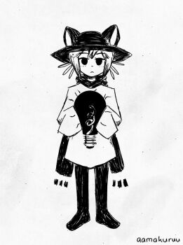 1other aamakuruu androgynous animated animated_gif artist_name closed_mouth commentary english_commentary expressionless full_body greyscale long_sleeves looking_at_viewer monochrome niko_(oneshot) omocat_(style) omori oneshot_(game) scarf short_hair sidelocks sleeves_past_fingers sleeves_past_wrists solo standing