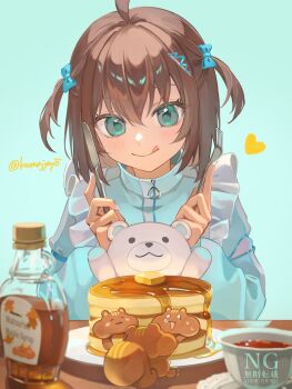 1girl :q ahoge blue_background blue_eyes blue_jacket bow butter commentary_request cup food fork frills frown hair_bow hair_ornament hands_up heart highres holding holding_fork holding_knife hololive jacket knife kumajyayo looking_at_food matsurisu medium_hair natsuiro_matsuri natsuiro_matsuri_(jersey_maid) official_alternate_costume official_alternate_hairstyle pancake pancake_stack plate simple_background solo stuffed_animal stuffed_toy syrup teacup teddy_bear tongue tongue_out two_side_up virtual_youtuber