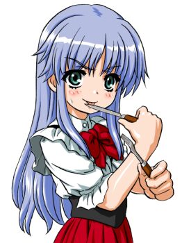 Rule 34 | 1girl, :p, aqua eyes, bandabekken, blue hair, bow, bowtie, bronze parrot, closed mouth, cummerbund, fork, frilled shirt, frills, hand up, holding, holding fork, holding knife, index (toaru majutsu no index), knife, licking, licking blade, licking weapon, long hair, looking at viewer, red bow, red bowtie, red skirt, shirt, simple background, skirt, smile, solo, toaru majutsu no index, tongue, tongue out, upper body, weapon, white background, white shirt