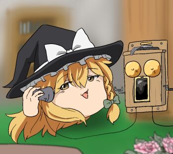 Rule 34 | 1girl, antique phone, black hat, blonde hair, bow, commentary request, flower, frilled hat, frills, green bow, hat, hat bow, kamemaru91, kirisame marisa, long hair, open mouth, pink flower, solo, touhou, white bow, witch hat, yellow eyes, yukkuri shiteitte ne