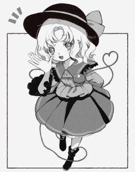 Rule 34 | 1girl, black hat, boots, bow, buttons, diamond button, eyeball, frilled shirt collar, frilled sleeves, frills, greyscale, hat, hat bow, hat ribbon, heart, heart-shaped pupils, heart of string, highres, komeiji koishi, monochrome, ribbon, smile, symbol-shaped pupils, third eye, touhou, wide sleeves, yujup