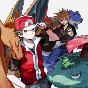 Rule 34 | 2boys, 2girls, baseball cap, black hair, black shirt, blastoise, blue eyes, blue oak, blue pants, brown eyes, brown hair, charizard, closed mouth, dragon, fire, flame-tipped tail, flower, gen 1 pokemon, hashtag-only commentary, hat, holding, holding poke ball, jacket, jewelry, looking at viewer, multiple boys, multiple girls, necklace, nintendo, pants, parted lips, poke ball, pokemon, pokemon (creature), pokemon frlg, red (pokemon), red eyes, red hat, shirt, short hair, short sleeves, smile, spiked hair, summerbb12, tail, ultra ball, venusaur, wings