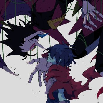 1boy 1other 2525nicc armor black_hair black_pants blue_hair blue_skin blue_tongue boots cape colored_skin colored_tongue deltarune doll_joints grey_background grey_boots heterochromatic_eyewear highres joints kris_(dark_world)_(deltarune) kris_(deltarune) long_nose looking_at_another pants pointy_nose puppet_strings red_cape short_hair simple_background spamton_g._spamton spamton_neo teeth tinted_eyewear torn_cape torn_clothes utdr_(toby_fox) wings