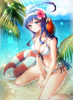 Rule 34 | 1girl, ahoge, animal, animal on shoulder, bare arms, bare legs, beach, bikini, bird, bird on shoulder, blue eyes, blue hair, breasts, buoy, cleavage, closed mouth, collarbone, commentary request, commission, day, flower, foot out of frame, hair flower, hair ornament, hairband, halterneck, highres, horizon, lifebuoy, light rays, medium breasts, menna (0012), mountainous horizon, navel, ocean, orie ballardiae harada, outdoors, palm tree, parrot, pixiv commission, side-tie bikini bottom, sidelocks, sitting, slit pupils, smile, solo, star (symbol), sunlight, swim ring, swimsuit, tree, under night in-birth, wariza, watermark, white bikini