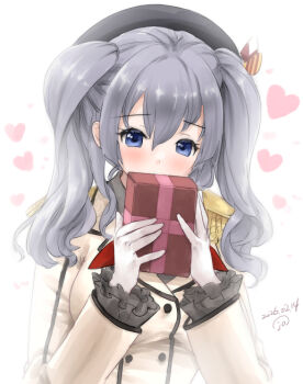 Rule 34 | 1girl, blue eyes, buttons, commentary request, covering own mouth, double-breasted, epaulettes, frilled sleeves, frills, gloves, grey hair, jacket, kantai collection, kashima (kancolle), kitagawa mikio, long hair, long sleeves, looking at viewer, military jacket, military uniform, neckerchief, red neckerchief, solo, twintails, wavy hair, white gloves