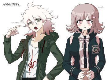 1boy 1girl ahoge blush breasts brown_hair collarbone collared_shirt da15uki danganronpa_(series) danganronpa_2:_goodbye_despair flipped_hair green_jacket grey_hair hair_between_eyes hair_ornament highres hood jacket komaeda_nagito long_sleeves looking_at_viewer medium_hair messy_hair nanami_chiaki neck_ribbon open_clothes open_jacket open_mouth pink_eyes pink_ribbon pleated_skirt pout ribbon shirt short_hair skirt smile white_shirt