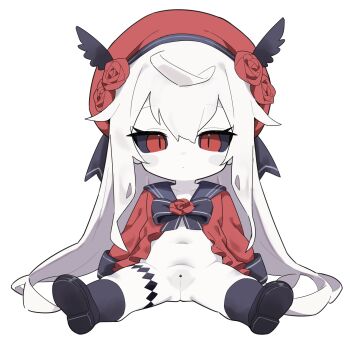 1girl bar_censor black_sclera black_socks censored cleft_of_venus closed_mouth colored_sclera colored_skin commentary_request dot_mouth flower hat highres loli long_hair matcha_(mattyan) null-chan_(mattyan) original pussy red_eyes red_hat rose simple_background sitting socks solo white_background white_hair white_skin