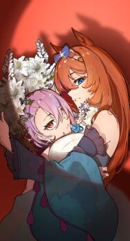 2girls absurdres animal_ears bare_shoulders blue_eyes blue_jacket bow braid breasts brown_hair closed_mouth detached_sleeves dress ear_bow flower grin hair_between_eyes highres horse_ears horse_girl hug jacket large_breasts long_hair long_sleeves mouchu multicolored_hair multiple_girls nase_fumino open_mouth parted_lips purple_hair red_eyes short_hair smile streaked_hair super_creek_(murmuring_stream)_(umamusume) super_creek_(umamusume) sweater umamusume umamusume:_cinderella_gray very_long_hair white_hair white_sweater