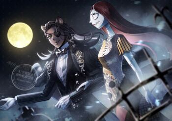 1boy 1girl animal_ears braid brown_hair dress green_eyes leona_kingscholar lion_boy lion_ears long_hair looking_at_viewer patchwork_clothes patchwork_skin pinstripe_pattern sally_(nbc) smile stitches striped_clothes supino tail the_nightmare_before_christmas twisted_wonderland