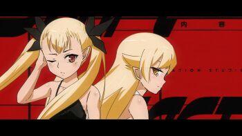 2girls arm_at_side black_border black_dress black_ribbon blonde_hair border brown_eyes closed_mouth collarbone company_connection company_name dance_in_the_vampire_bund dress expressionless flipped_hair from_side hair_between_eyes hair_flaps hair_over_shoulder hair_ribbon halterneck hand_in_own_hair jitome letterboxed light_blush long_hair looking_at_viewer mina_tepes monogatari_(series) multiple_girls one_eye_closed orange_hair oshino_shinobu pointy_ears profile red_background ribbon ringed_eyes shaft_(company) shoulder_blush sidelocks sleeveless sleeveless_dress sonikkusupin sundress trait_connection twintails upper_body very_long_hair