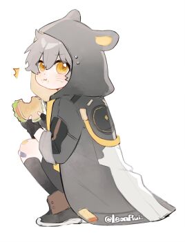 1boy ^^^ aged_down animal_ear_hood artist_name bandaid bandaid_on_leg black_boots black_coat black_gloves black_shorts black_socks blush boots burger caelus_(honkai:_star_rail) child chinese_commentary closed_mouth coat commentary_request eating fake_animal_ears fingerless_gloves food food_on_face from_side gloves grey_hair hair_between_eyes hands_up highres holding holding_burger holding_food honkai:_star_rail honkai_(series) hood hooded_coat leonrui long_sleeves male_focus open_clothes open_coat short_hair shorts simple_background socks solo squatting sticker sweat trailblazer_(honkai:_star_rail) two-sided_coat two-sided_fabric v-shaped_eyebrows white_background yellow_coat yellow_eyes