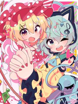 2girls ;d adapted_costume animal_ear_headphones animal_ears apron arm_tattoo bare_shoulders blonde_hair blush border cat_ears cool&amp;create crystal detached_sleeves fake_animal_ears fang flandre_scarlet foreshortening fortissimo frilled_shirt_collar frilled_sleeves frills frown green_eyes green_hair hair_between_eyes hair_ornament happy hat headphones heart heart_of_string high_heels highres holding_hands internet_survivor komeiji_koishi long_sleeves looking_at_viewer looking_back medium_hair mob_cap multiple_girls musical_note musical_note_hair_ornament nail_polish one_eye_closed open_mouth pointy_ears red_eyes red_nails redrawn shirt simple_background skin_fang smile soesoe300 star_(symbol) star_in_eye symbol_in_eye tattoo teeth third_eye touhou trait_connection twitter_username upper_body upper_teeth_only v-shaped_eyebrows waist_apron white_apron white_border white_hat wide_sleeves wings yellow_shirt