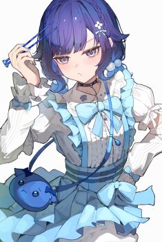 1girl bag black_choker blouse blue_bow blue_hair blue_nails blue_skirt bow braid center_frills choker chopsticks detached_sleeves frilled_shirt frills gradient_hair grey_eyes hair_flaps hair_ornament highres holding holding_chopsticks low_twintails mizu_(sui) multicolored_hair parted_bangs paw_print pleated_skirt pom_pom_(clothes) pom_pom_hair_ornament puffy_short_sleeves puffy_sleeves shirt short_sleeves shoulder_bag skirt solo suspender_skirt suspenders tsumugi_kokage tsumugi_kokage_(2nd_costume) twintails upper_body virtual_youtuber vspo! white_shirt