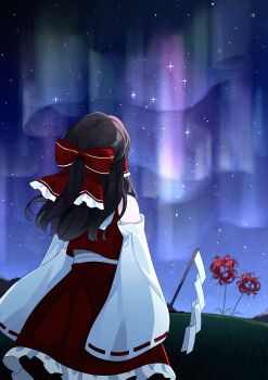 1girl aurora bow brown_hair chimi_(s2yuyukos2) commentary commission detached_sleeves english_commentary facing_away flower frilled_bow frilled_hair_tubes frills from_behind gohei hair_bow hair_tubes hakurei_reimu highres holding holding_gohei long_hair night outdoors red_bow red_flower red_skirt ribbon-trimmed_sleeves ribbon_trim skirt skirt_set sky solo spider_lily star_(sky) touhou
